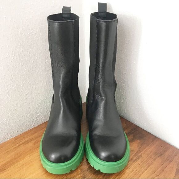 STEVE MADDEN Hesitant Black Leather Platform Boot Midi Green Lug Sole Size 6 New - Picture 4 of 15